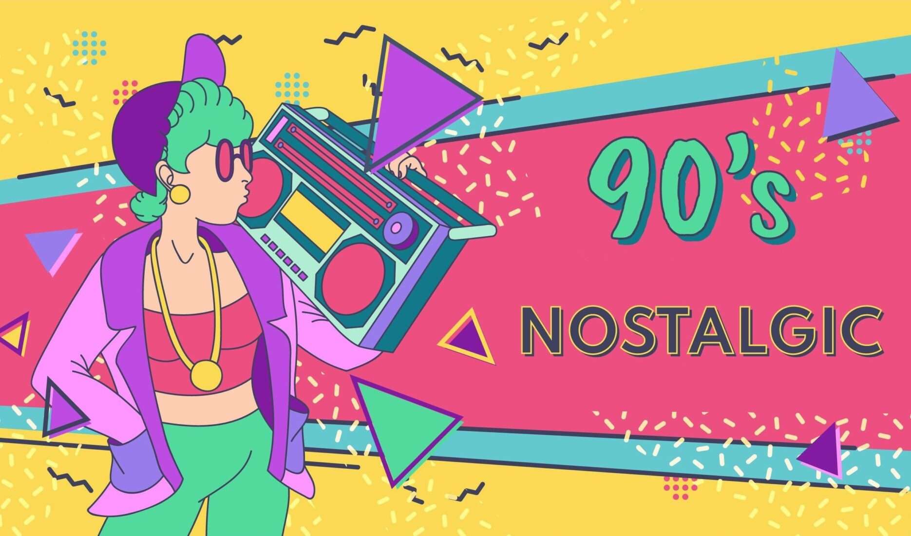 rysunkowa kobieta z boomboxem i napis "90' nostalgic"