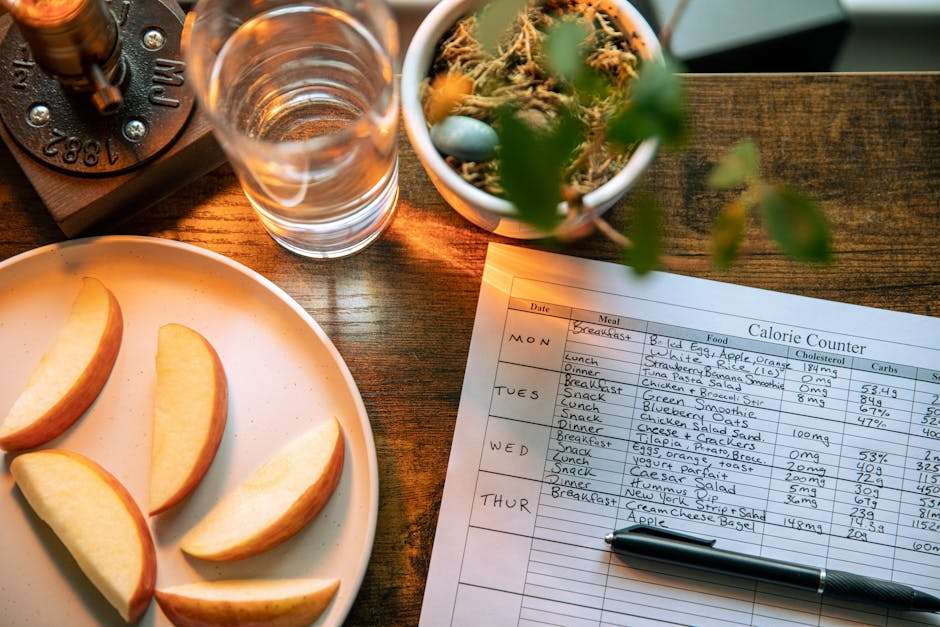 Talerz z pokrojonym jabłkiem, szklanka wody, roślina i notatnik z planem posiłków.