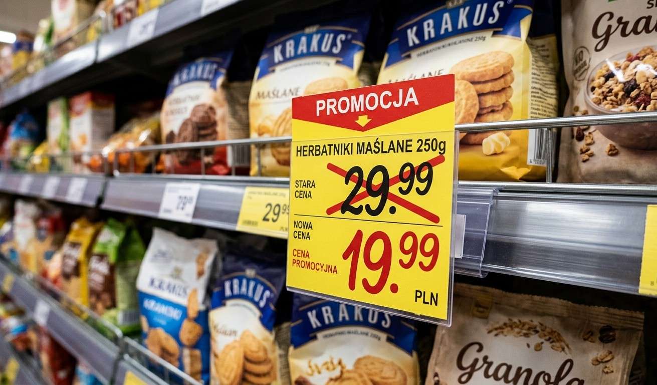 zbliżenie na promocyjną cenę w sklepie na półce z herbatnikami